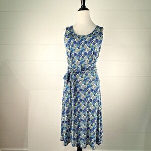 Sahalie Floral Midi Sun Dress Women XL Slinky Travel Romantic Cottage Core Blue